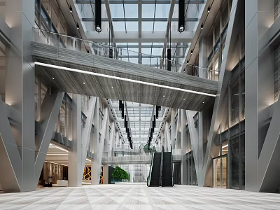 Front Desk Reception in Modern Spacious Lobby With Glass Ceiling And Metal Structures 3d model