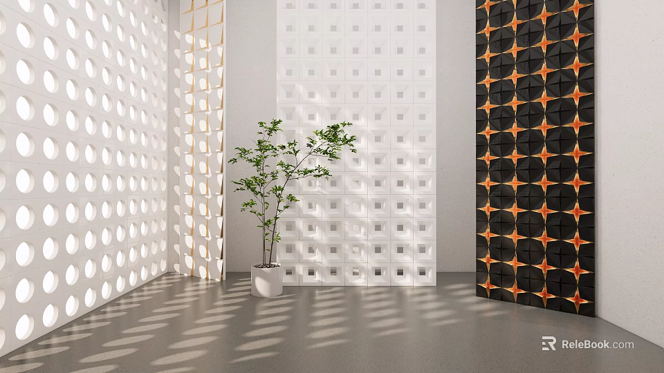 Modern Interior Partitions With Perforated White Panels Geometric Patterns And Green Plant 3d model