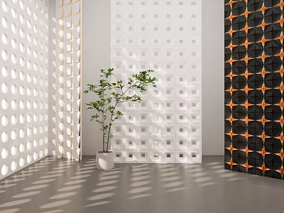 Modern Interior Partitions With Perforated White Panels Geometric Patterns And Green Plant 3d model