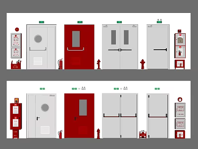 Various Types of Fire Doors With Fire Hydrants and Safety Signage 3d model