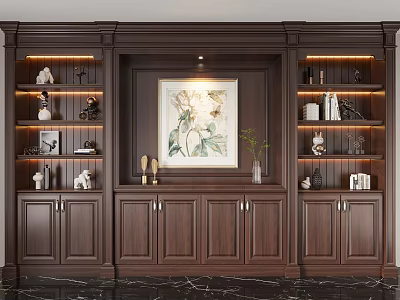 Elegant Wooden Bookcase With Open Shelves Decorative Painting And Cabinet Base For Home Interior Design 3d model