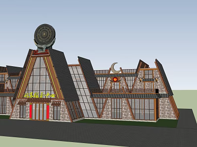 Traditional Tourist Center With Glass Windows Wooden Roof And Round Top Emblem 3d model