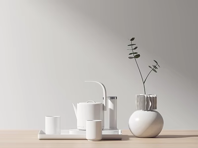 White Ceramic Tea Set With Teapot Cups Tray And Vase Plant On Wooden Table 3d model