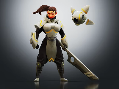 Armored Female Character With Ponytail And Large Sword Beside Floating White Robot Companion 3d model