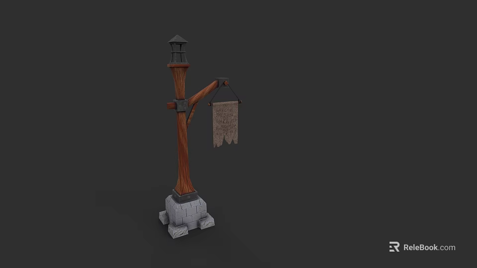 Vintage Wooden Lamp Post With Stone Base And Hanging Sign Decoration 3d model 