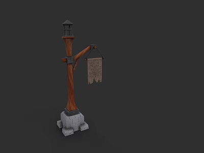 Vintage Wooden Lamp Post With Stone Base And Hanging Sign Decoration 3d model