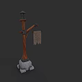 Vintage Wooden Lamp Post With Stone Base And Hanging Sign Decoration