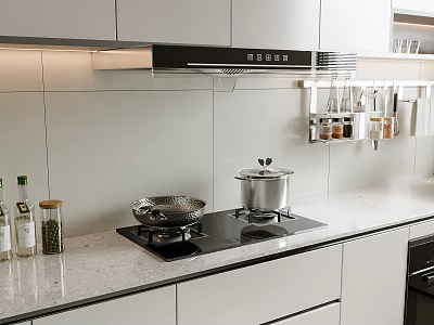 Modern Kitchen With Cookware Stove And Wall Mounted Storage Rack 3d model