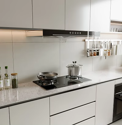 Modern Kitchen With Cookware Stove And Wall Mounted Storage Rack 3d model