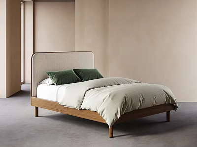 Double Bed With Upholstered Headboard Wooden Frame Green Pillows Light Colored Bedding Minimalist Modern 3d model