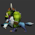 Horned Green Skinned Warrior With Orange Helmet And Large Sword Standing By Blue Creature Companion