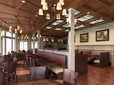 Cozy Restaurant Interior With Wooden Ceiling Chandeliers Stained Glass Windows And Booths 3d model
