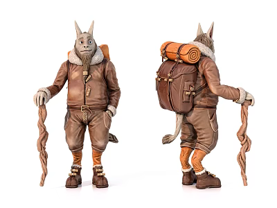 Adventurous Anthropomorphic Game Movie Character With Brown Leather Outfit Backpack Roll And Wooden Staff 3d model