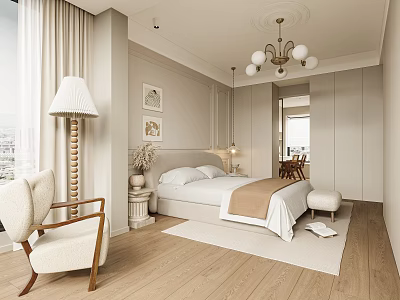 Modern Beige Bedroom Interior With Chandelier Decorative Paintings White Bed Beige Armchair And Wooden Flooring 3d model