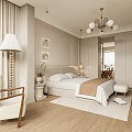 Modern Beige Bedroom Interior With Chandelier Decorative Paintings White Bed Beige Armchair And Wooden Flooring