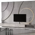 Modern TV Background Wall With Gray Curved Lines Illuminated Rings And Wooden Cabinet