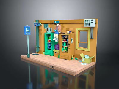 Small Grocery Store 3D Model Scene With Green Door Orange Walls And Parking Sign 3d model