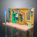 Small Grocery Store 3D Model Scene With Green Door Orange Walls And Parking Sign