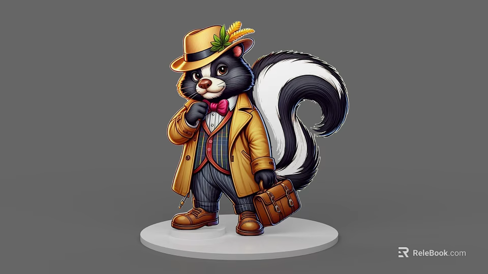 Cartoon Skunk In Yellow Coat Striped Suit With Hat Corn Decoration Briefcase On White Base 3d model 