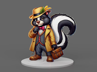Cartoon Skunk In Yellow Coat Striped Suit With Hat Corn Decoration Briefcase On White Base 3d model