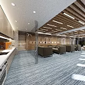 Modern Office Corridor Interior With Wooden Walls Glass Partitions And Ceiling Lights