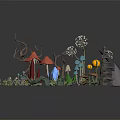 3D Fantasy Forest Scene Components With Colorful Mushrooms Crystals And Plants