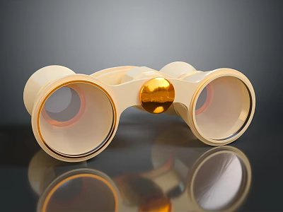 Gold Binoculars With Two Lenses Central Knob On Black Reflective Surface 3d model