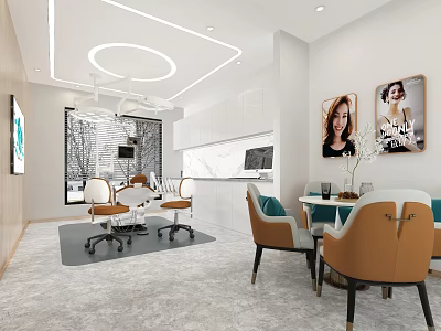 Modern Light Luxury Interior With Dining Office Space Tables Chairs Decorative Paintings And Chandeliers 3d model