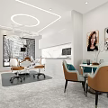Modern Light Luxury Interior With Dining Office Space Tables Chairs Decorative Paintings And Chandeliers