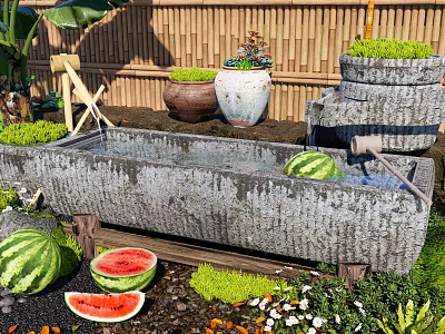 Stone Trough Water Feature With Watermelons Potted Plants And Bamboo Fence 3d model