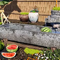 Stone Trough Water Feature With Watermelons Potted Plants And Bamboo Fence