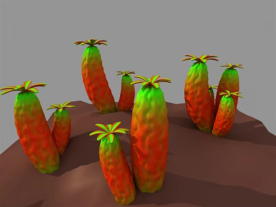 Cartoon Cactus Scene With Red And Green Stems Growing On Brown Ground 3d model