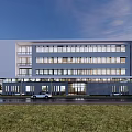 Modern White Office Building Facade With Glass Windows And Urban Greenery