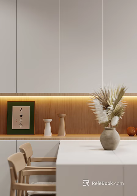 Minimalist Dining Living Room Interior With Wooden Backdrop Framed Art Decorative Vases Dried Flowers And Warm Lighting 3d model 
