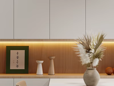 Minimalist Dining Living Room Interior With Wooden Backdrop Framed Art Decorative Vases Dried Flowers And Warm Lighting 3d model