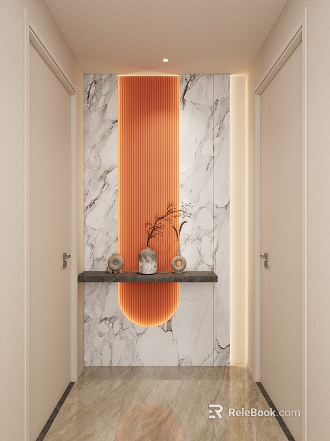 Stylish Entryway Hallway Interior Design With Marble Wall Orange Decorative Strip And Shelf With Vases 3d model 