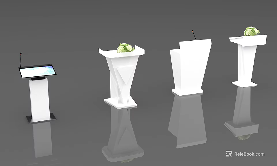 Various Modern Functional Tables With Digital Screen Microphone And Decorative Plants 3d model 