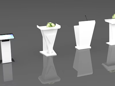 Various Modern Functional Tables With Digital Screen Microphone And Decorative Plants 3d model