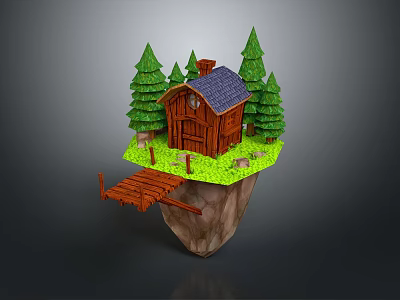 Cartoon Floating Island Scene with Wooden Cabin Pine Trees and Green Grass 3d model