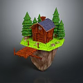 Cartoon Floating Island Scene with Wooden Cabin Pine Trees and Green Grass