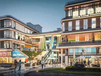Modern Shop Windows In Commercial Shopping Mall With Bright Lighting And Outdoor Pedestrians 3d model
