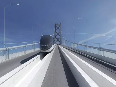 Modern High Speed Train Traveling On Bridge With Modern Tracks And Clear Blue Sky 3d model