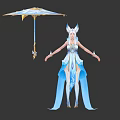 Elegant Woman With White Hair Standing Near Blue Mythical Creature And Holding Umbrella