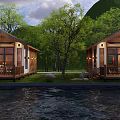 Chinese Style Detached Villa With Wooden Balcony Green Trees Waterfront And Warm Lighting