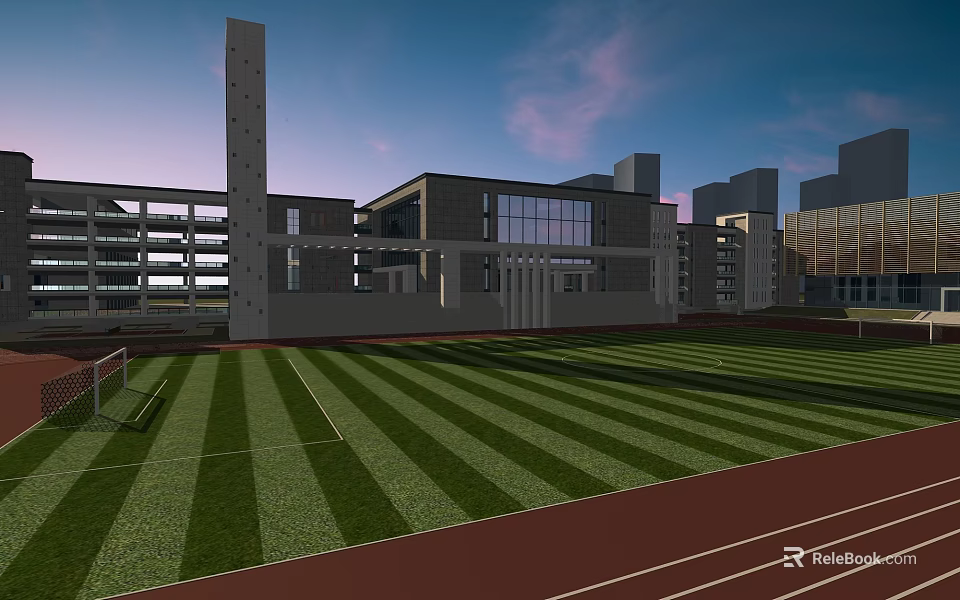Modern Football Field With Green Lawn And Running Track Near Buildings At Evening 3d model 