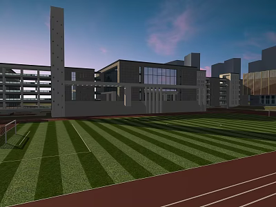 Modern Football Field With Green Lawn And Running Track Near Buildings At Evening 3d model