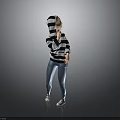 Person In Black And White Striped Hoodie Blue Jeans White Sneakers On Gray Background
