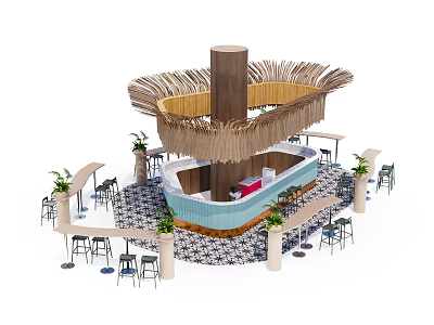 Outdoor Casual Table And Chair Set With Thatched Roof Bar Counter And Plants 3d model
