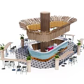 Outdoor Casual Table And Chair Set With Thatched Roof Bar Counter And Plants