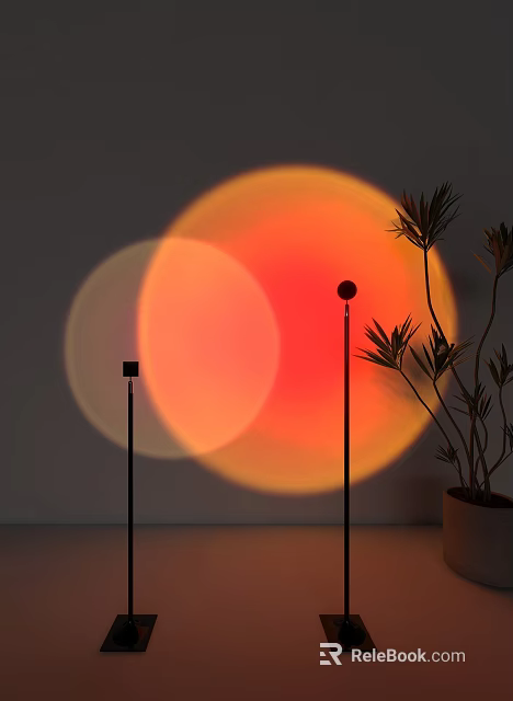 Modern Floor Lamp With Circular Orange Red Light Projection Against Gray Wall And Potted Plant 3d model 